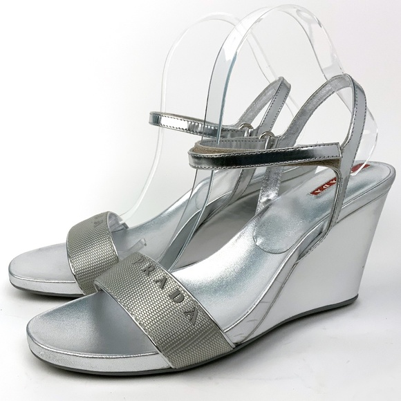 PRADA Modern Silver Wedge Heel with Ankle Strap - Picture 1 of 6